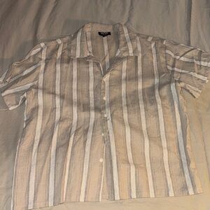 LANE BRYANT Beige & White Striped Short-Sleeve Button-Down Shirt